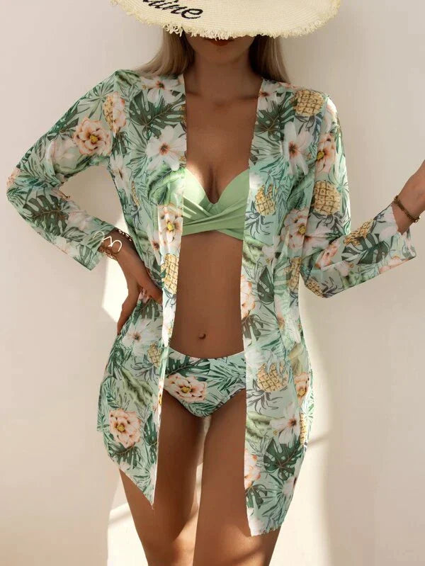 Floral Bikini 3 in 1 - Top, Bottom and Kimono