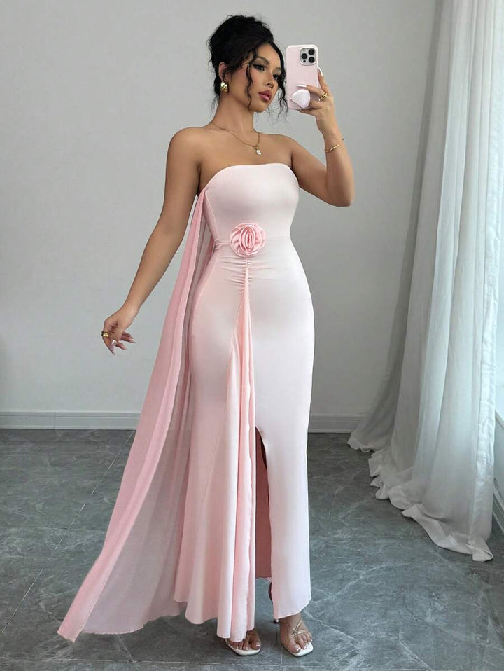 Elenzga Romantic Elegant Mesh Caped Strapless Dress With 3D Pleated Detail