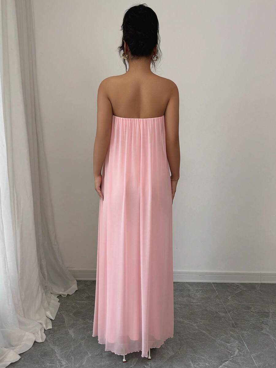 Elenzga Romantic Elegant Mesh Caped Strapless Dress With 3D Pleated Detail