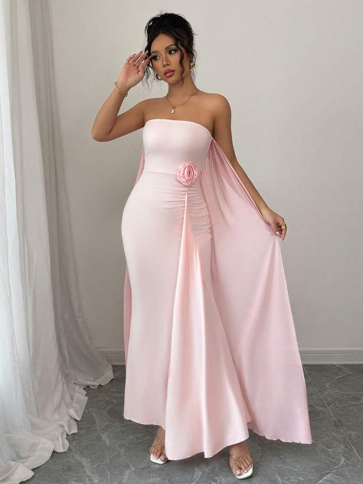 Elenzga Romantic Elegant Mesh Caped Strapless Dress With 3D Pleated Detail