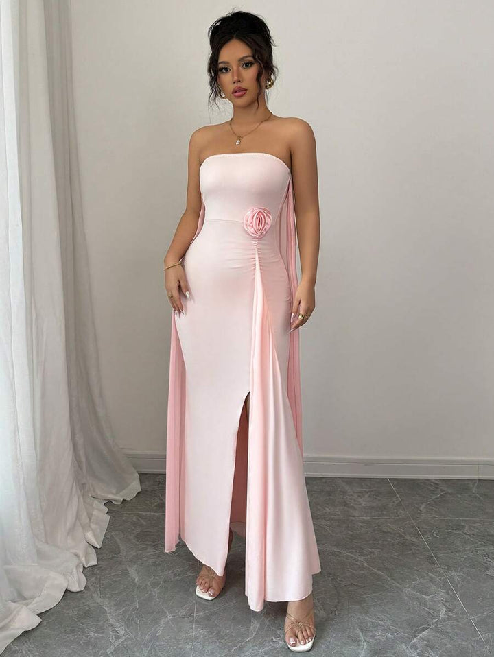 Elenzga Romantic Elegant Mesh Caped Strapless Dress With 3D Pleated Detail