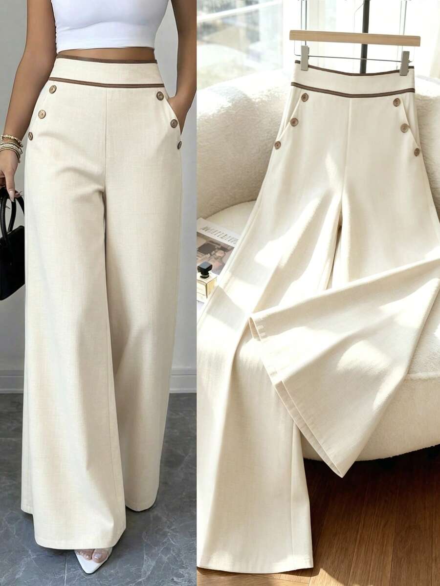 Elenzga Women's High-Waisted Trousers with Pockets, Wide Legs and Loose Fit.