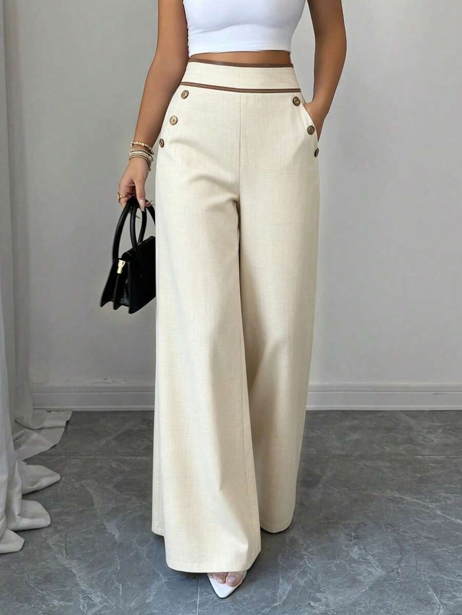Elenzga Women's High-Waisted Trousers with Pockets, Wide Legs and Loose Fit.