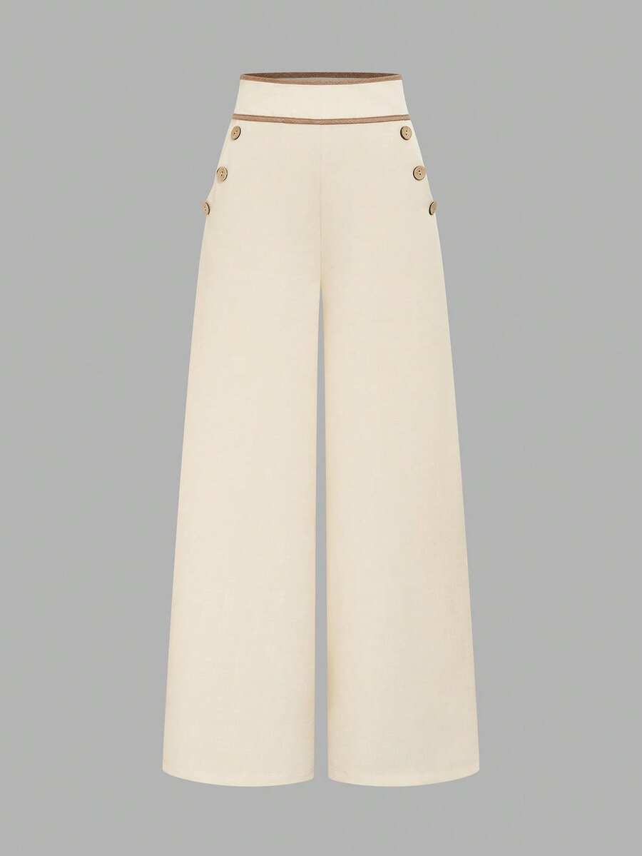 Elenzga Women's High-Waisted Trousers with Pockets, Wide Legs and Loose Fit.