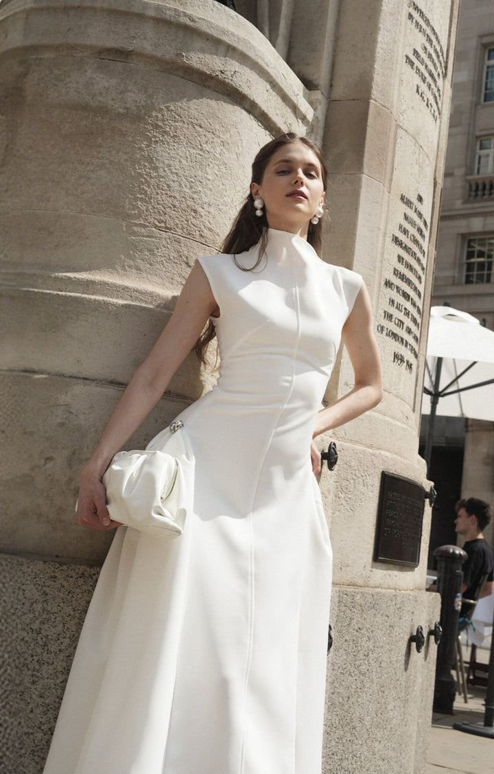 Sculpted Minimalist White Midi Dress