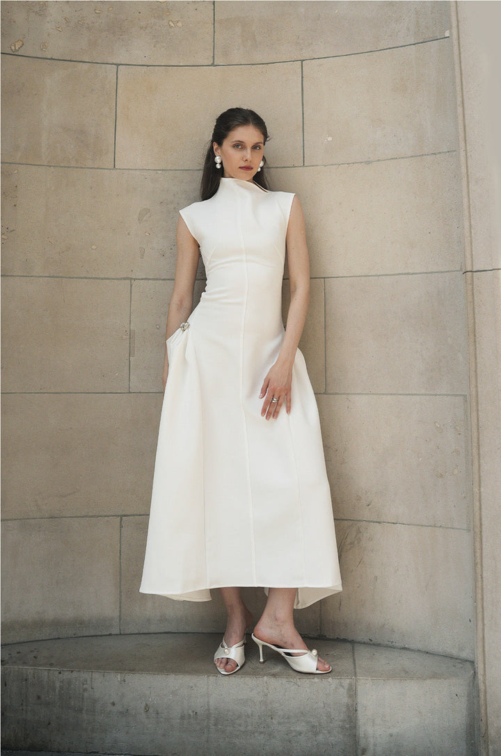Sculpted Minimalist White Midi Dress