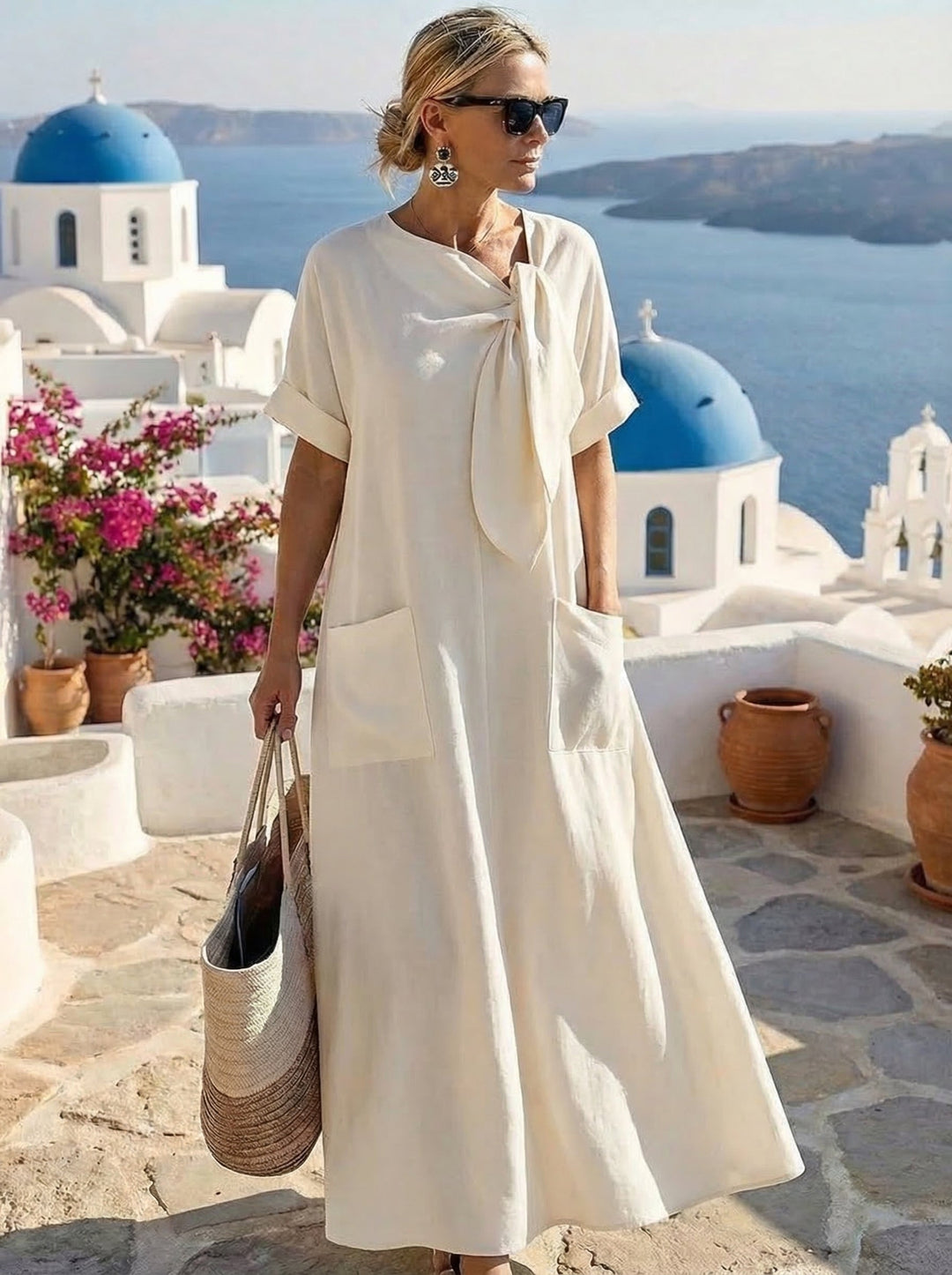 Summer Long Dress for Women in Linen with Side Knot and Front Pockets | Praia a Mare