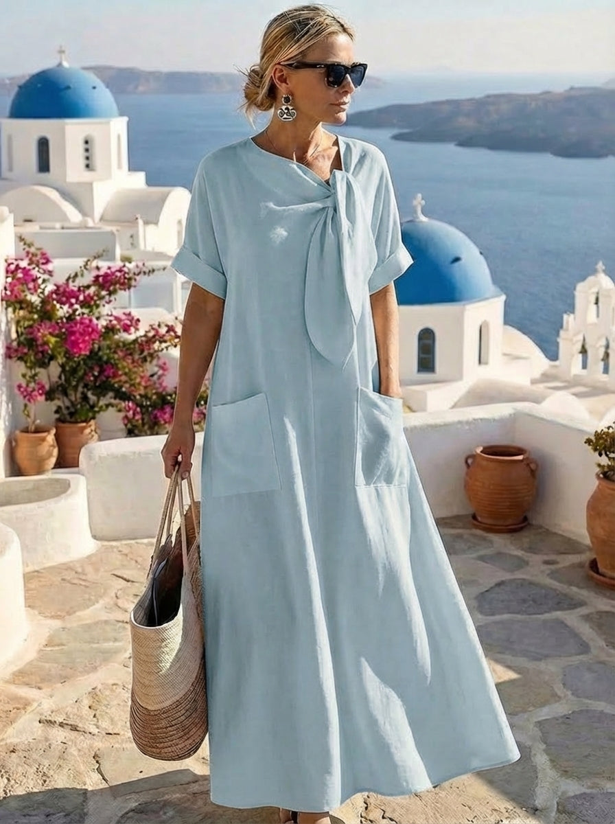 Summer Long Dress for Women in Linen with Side Knot and Front Pockets | Praia a Mare