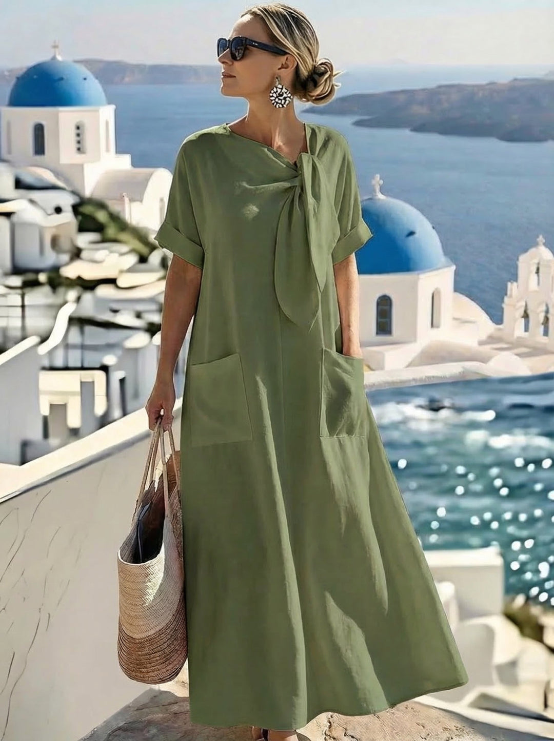 Summer Long Dress for Women in Linen with Side Knot and Front Pockets | Praia a Mare