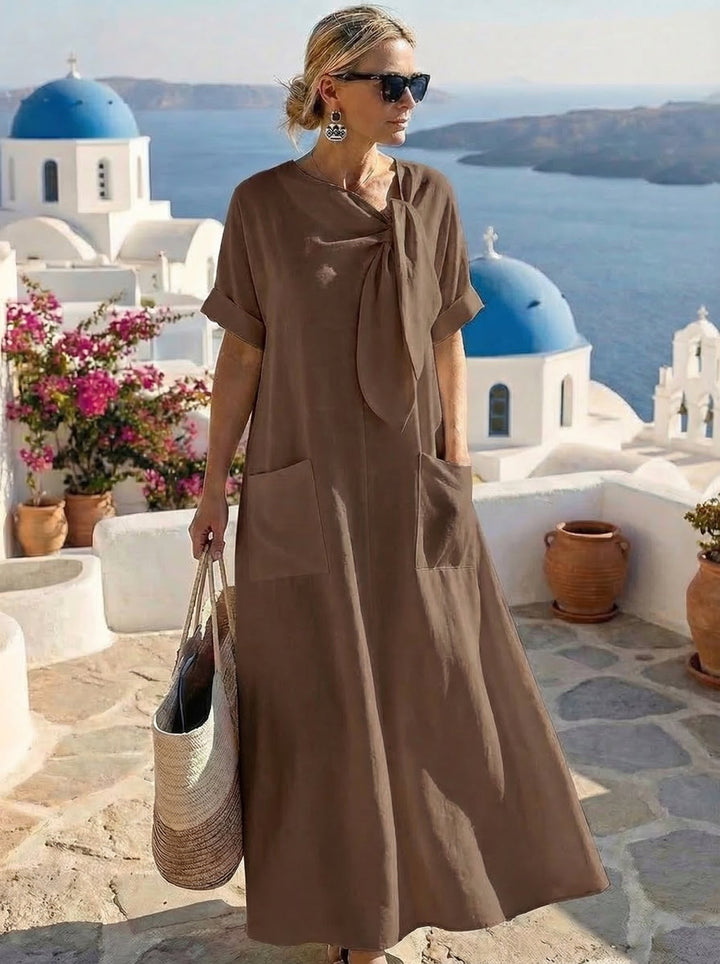 Summer Long Dress for Women in Linen with Side Knot and Front Pockets | Praia a Mare