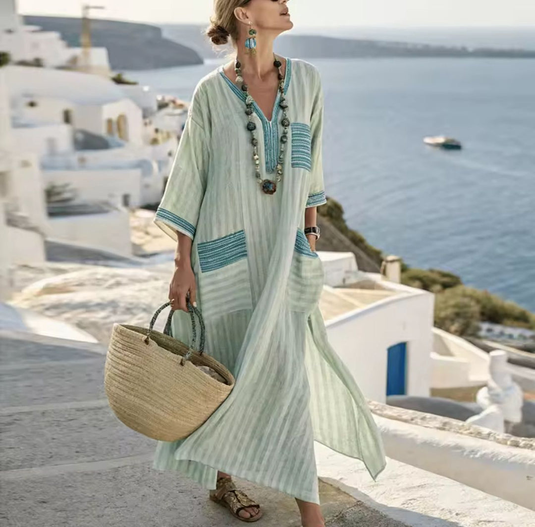 Women's Summer Long Dress Kaftan Linen with Pockets and Coloured Stripes | Lipari