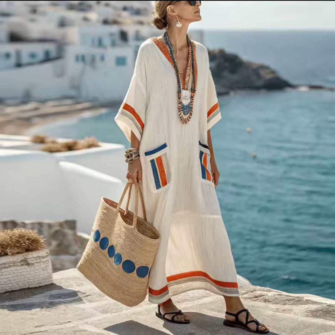 Women's Summer Long Dress Kaftan Linen with Pockets and Coloured Stripes | Lipari