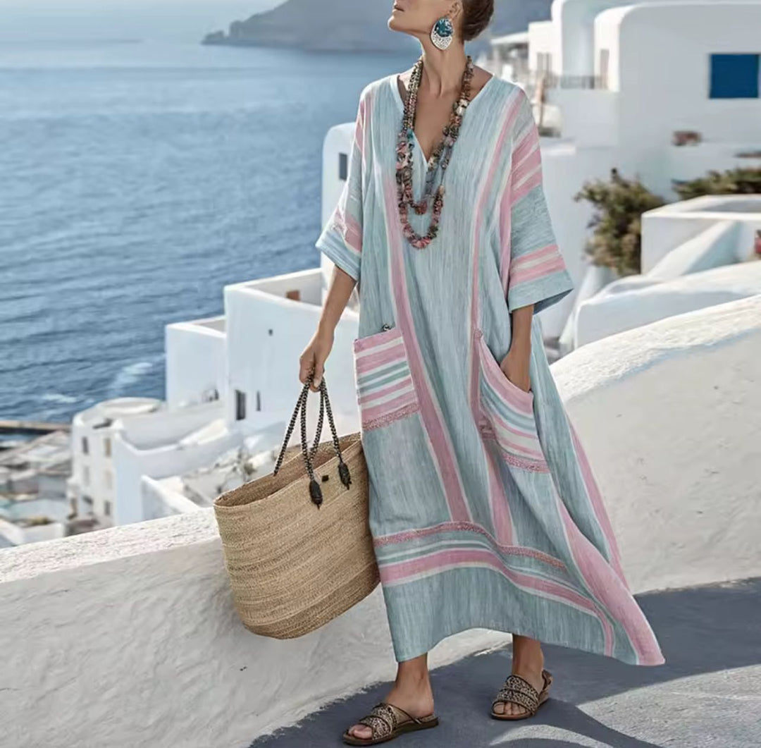 Women's Summer Long Dress Kaftan Linen with Pockets and Coloured Stripes | Lipari