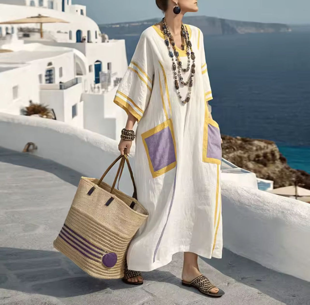Women's Summer Long Dress Kaftan Linen with Pockets and Coloured Stripes | Lipari