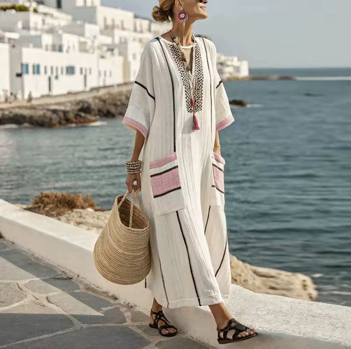 Women's Summer Long Dress Kaftan Linen with Pockets and Coloured Stripes | Lipari