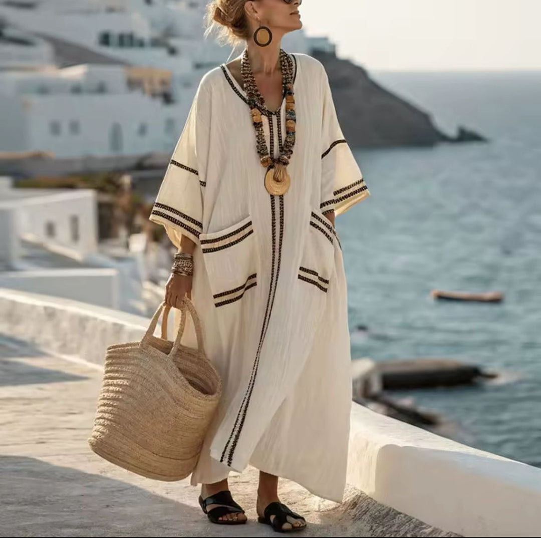 Women's Summer Long Dress Kaftan Linen with Pockets and Coloured Stripes | Lipari